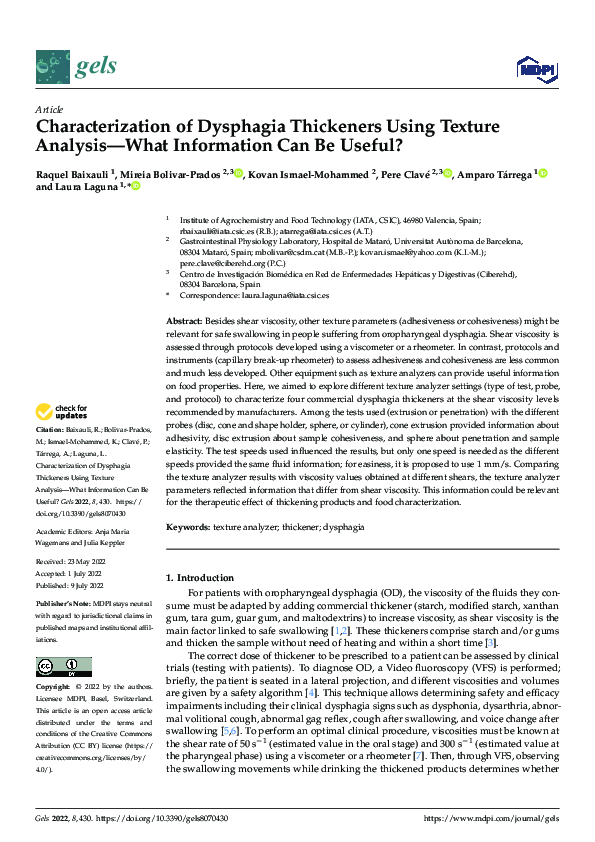 (PDF) Characterization of Dysphagia Thickeners Using Texture Analysis
