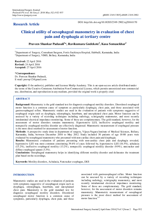(PDF) Clinical utility of oesophageal manometry in evaluation of chest ...