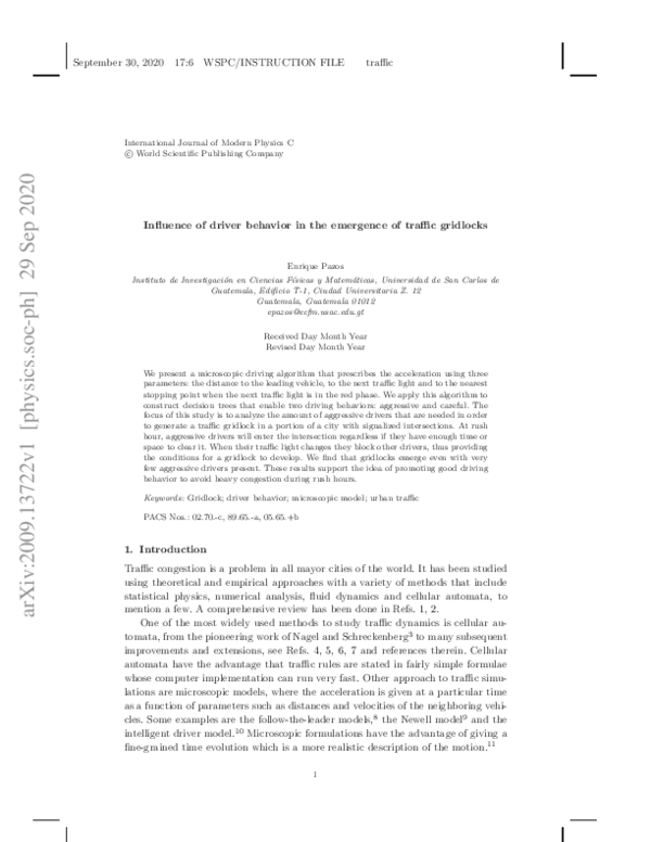 (PDF) Influence of driver behavior in the emergence of traffic gridlocks
