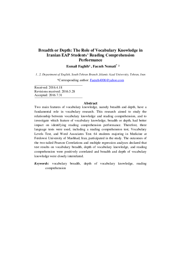(PDF) Breadth or Depth: The Role of Vocabulary Knowledge in Iranian EAP ...