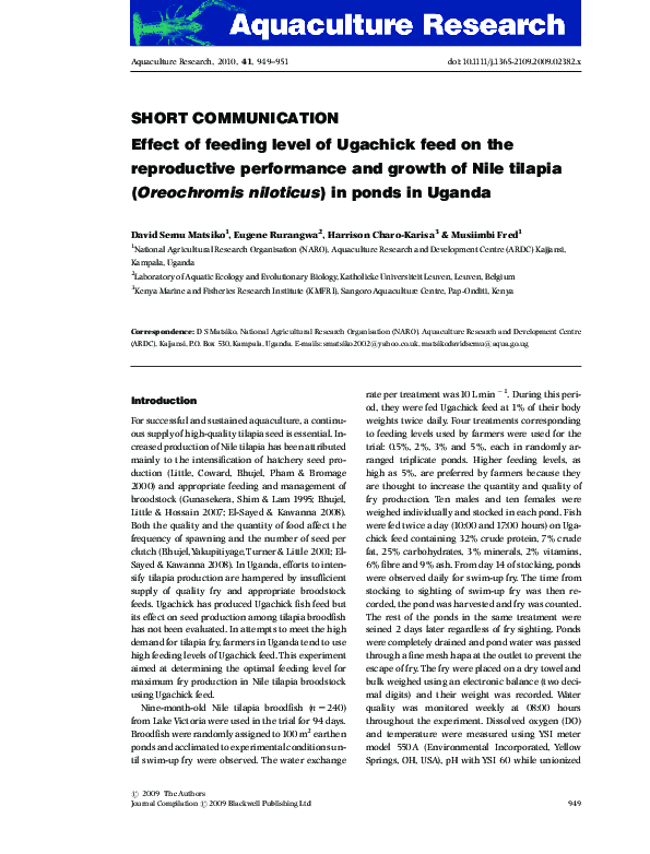 (PDF) Effect of feeding level of Ugachick feed on the reproductive ...