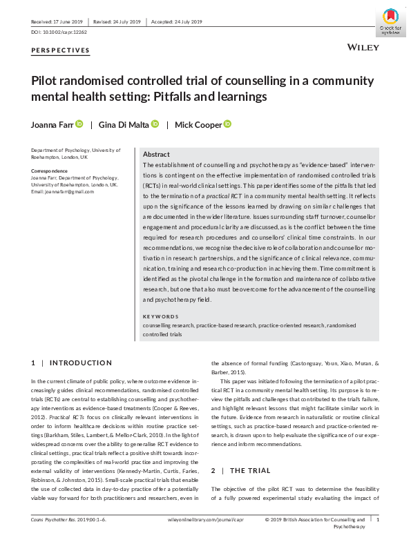 (PDF) Pilot randomised controlled trial of counselling in a community ...