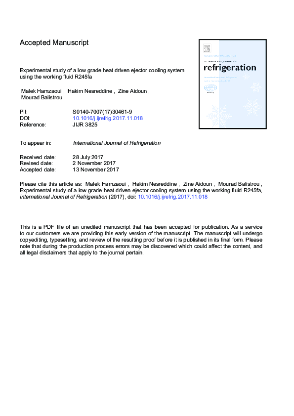 (PDF) Experimental study of a low grade heat driven ejector cooling ...