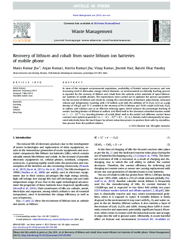 (PDF) Recovery of lithium and cobalt from waste lithium ion batteries ...