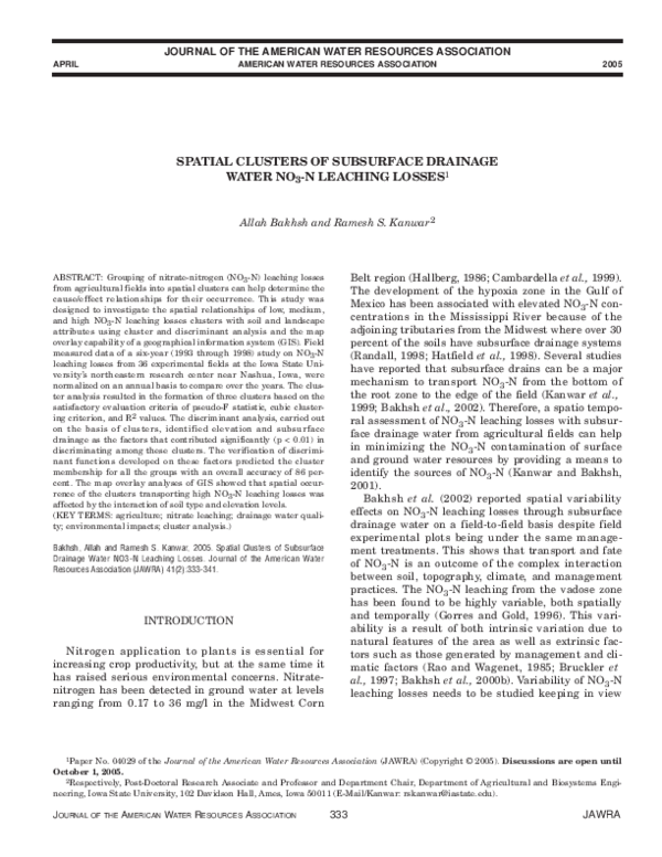 (PDF) Spatial Clusters of Subsurface Drainage Water NO3-N Leaching Losses