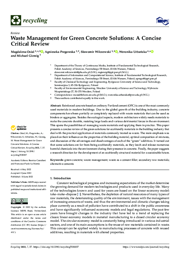 (PDF) Waste Management for Green Concrete Solutions A Concise Critical