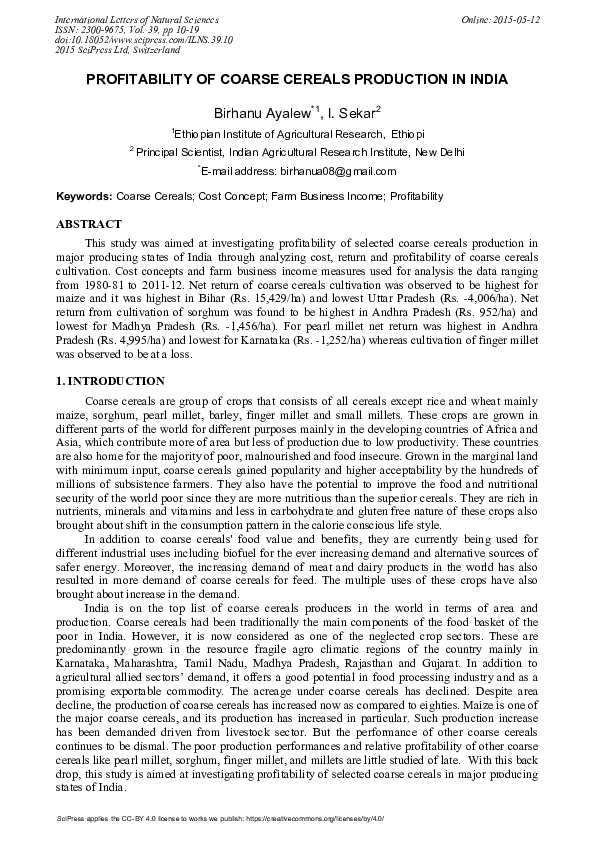 (PDF) Profitability of Coarse Cereals Production in India Birhanu Ayalew Academia.edu
