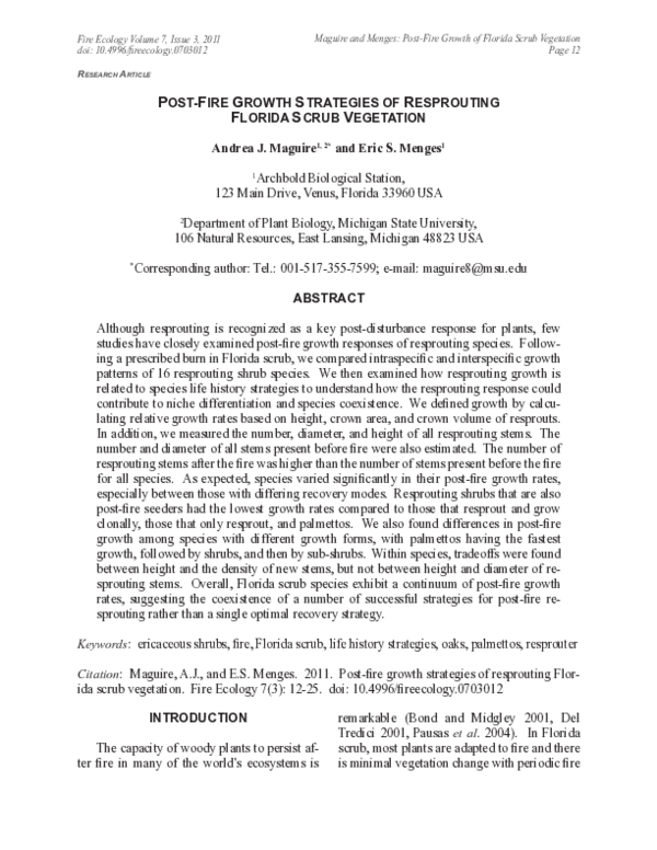 (PDF) Post-Fire Growth Strategies of Resprouting Florida Scrub Vegetation
