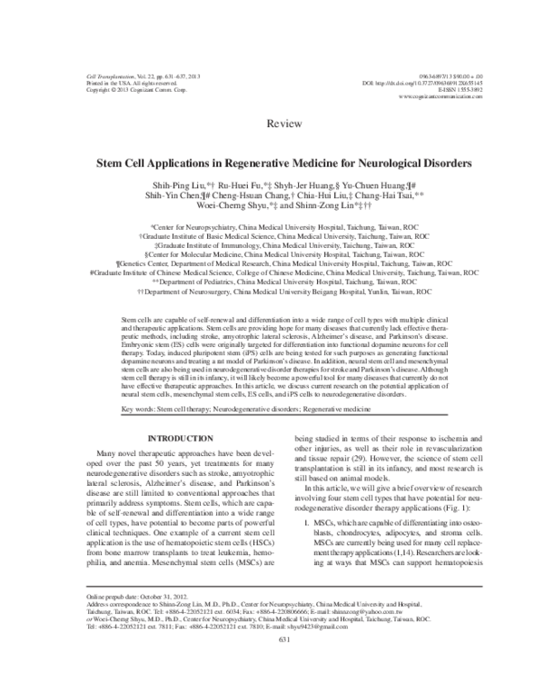 (PDF) Stem Cell Applications in Regenerative Medicine for Neurological ...