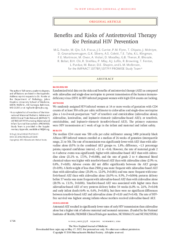 (PDF) Benefits and Risks of Antiretroviral Therapy for Perinatal HIV ...