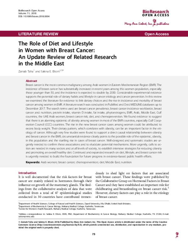 The Role of Diet and Lifestyle in Women with Breast Cancer: An Update Review of Related Research in the Middle East