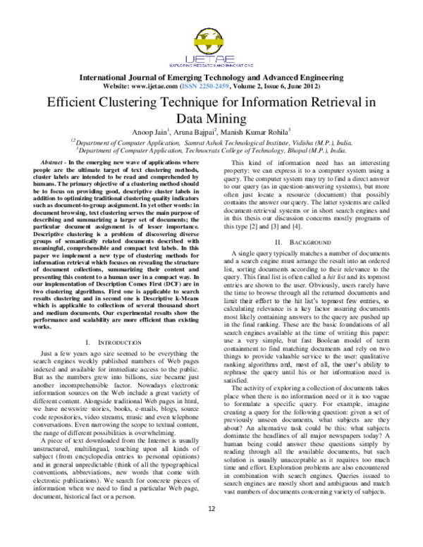 (PDF) Efficient Clustering Technique for Information Retrieval in Data ...