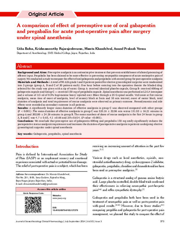 (PDF) A comparison of effect of preemptive use of oral gabapentin and ...