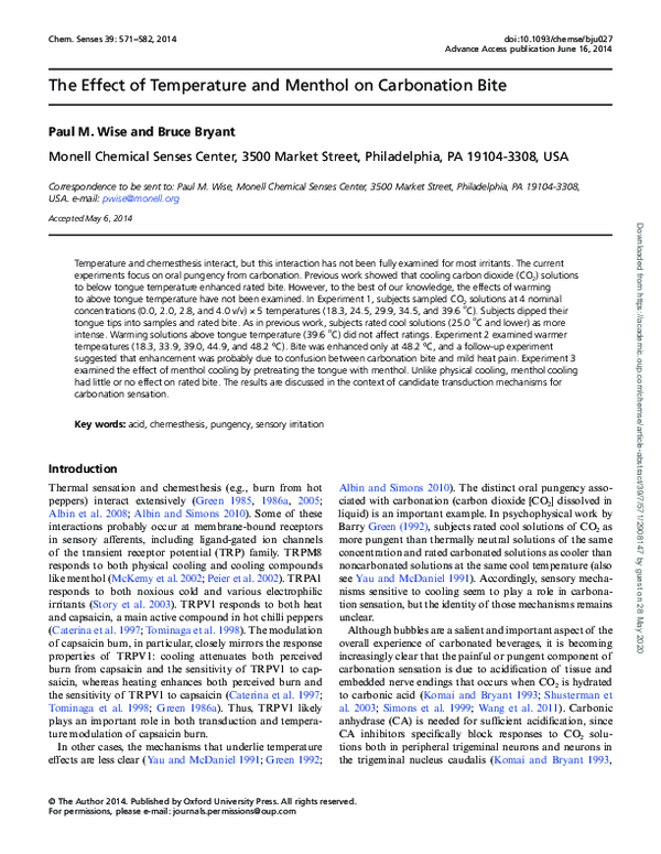 (PDF) The effect of temperature and menthol on carbonation bite