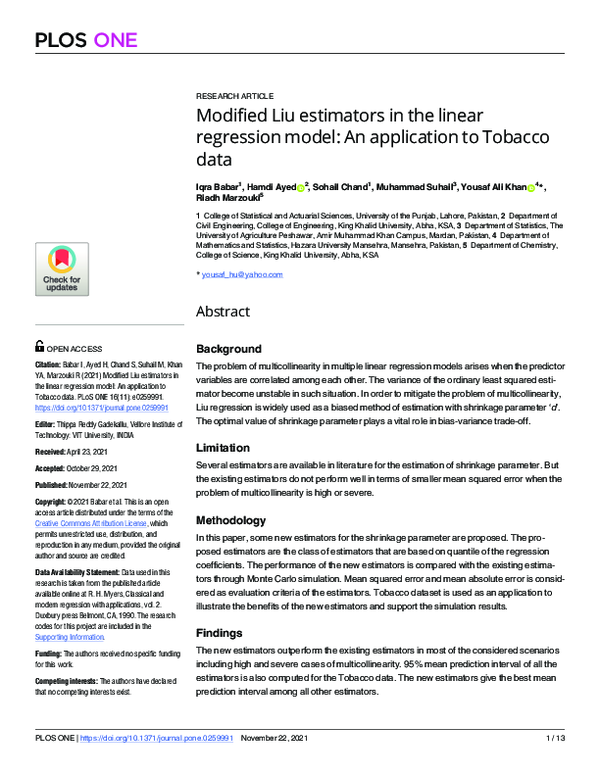 (PDF) Modified Liu estimators in the linear regression model: An ...
