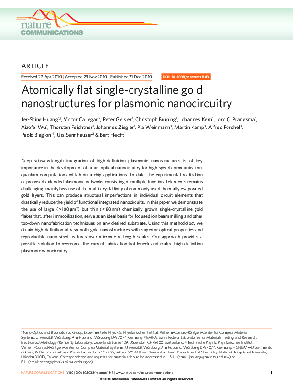 (PDF) Atomically flat single-crystalline gold nanostructures for ...