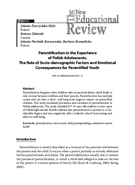 (PDF) Parentification in the Experience of Polish Adolescents. The Role ...