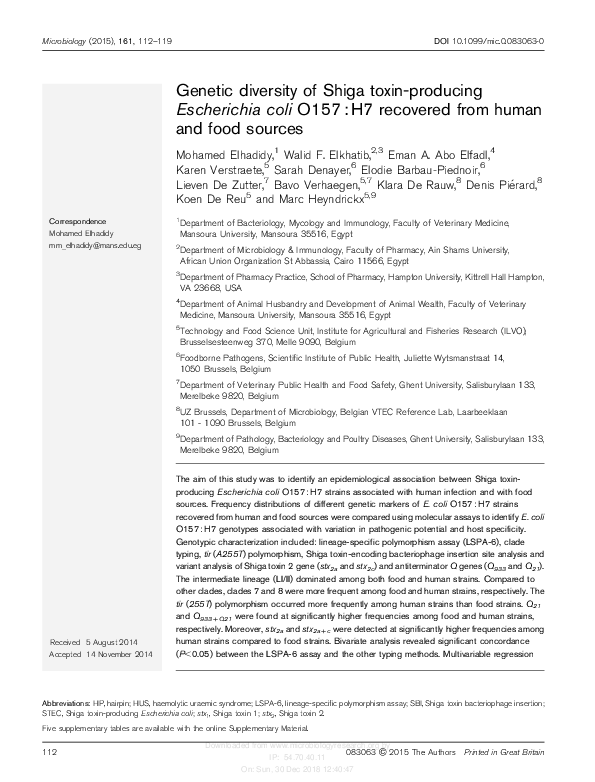 (PDF) Genetic diversity of Shiga toxin-producing Escherichia coli O157 ...
