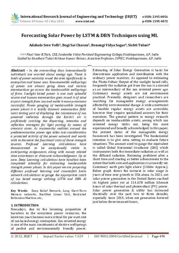(PDF) Forecasting Solar Power by LSTM & DBN Techniques using ML