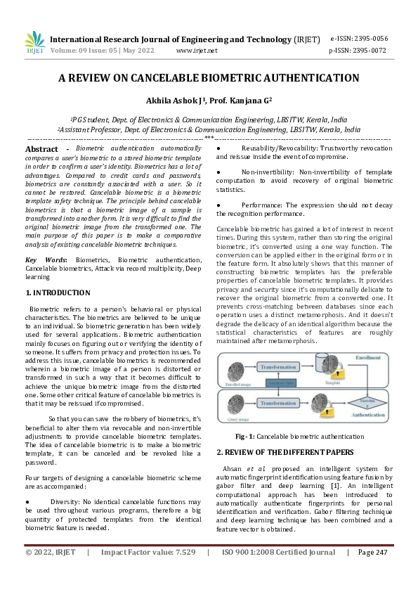 (PDF) A REVIEW ON CANCELABLE BIOMETRIC AUTHENTICATION