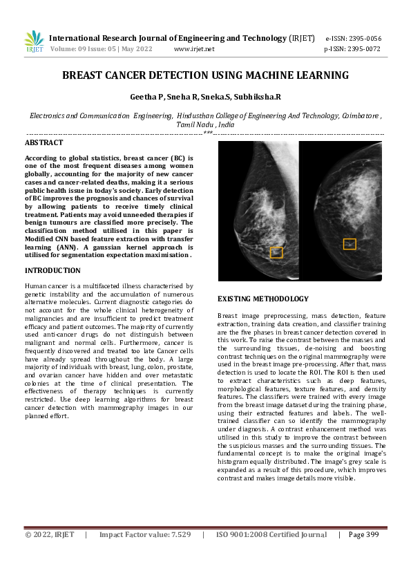 (PDF) BREAST CANCER DETECTION USING MACHINE LEARNING | IRJET Journal ...