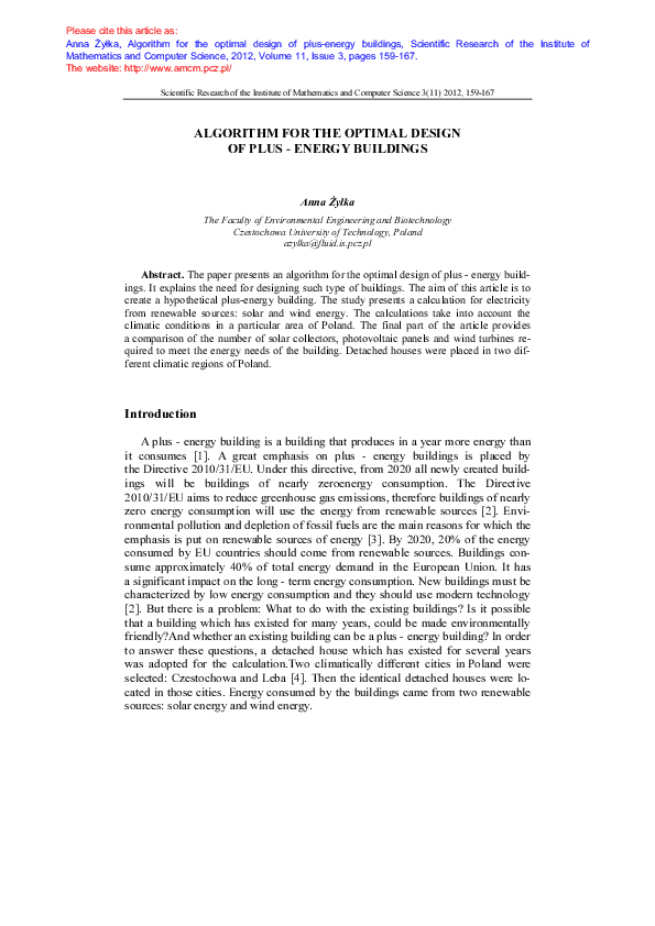 (PDF) Algorithm for the optimal design of plus-energy buildings