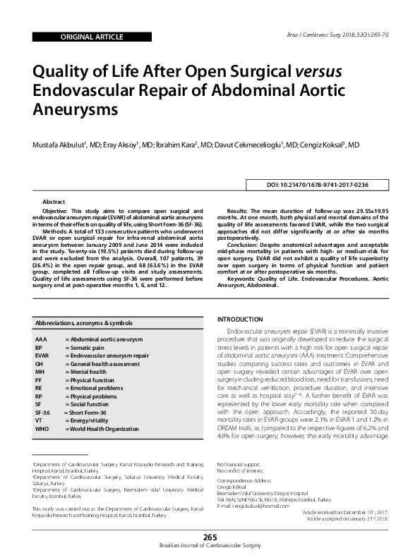 (PDF) Quality of Life After Open Surgical versus Endovascular Repair of ...