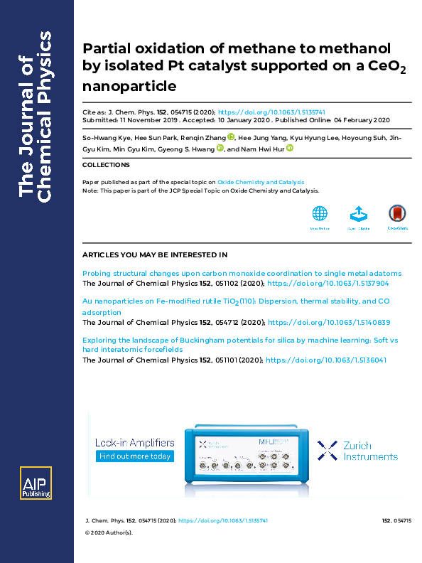 (PDF) Partial oxidation of methane to methanol by isolated Pt catalyst ...