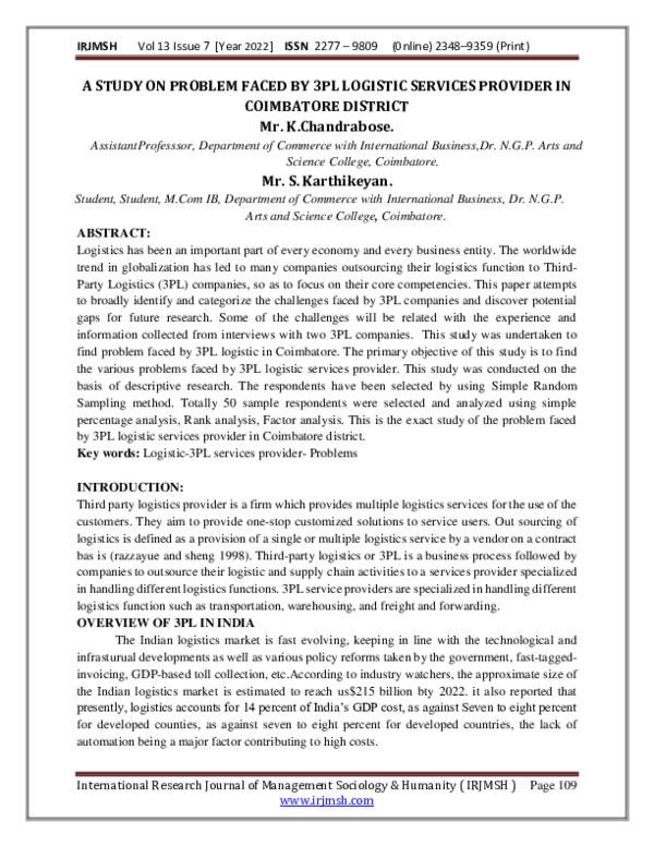 (PDF) A STUDY ON PROBLEM FACED BY 3PL LOGISTIC SERVICES PROVIDER IN ...
