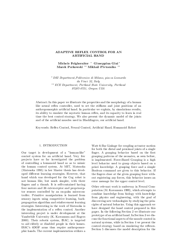 (PDF) Adaptive reflex control for an artificial hand