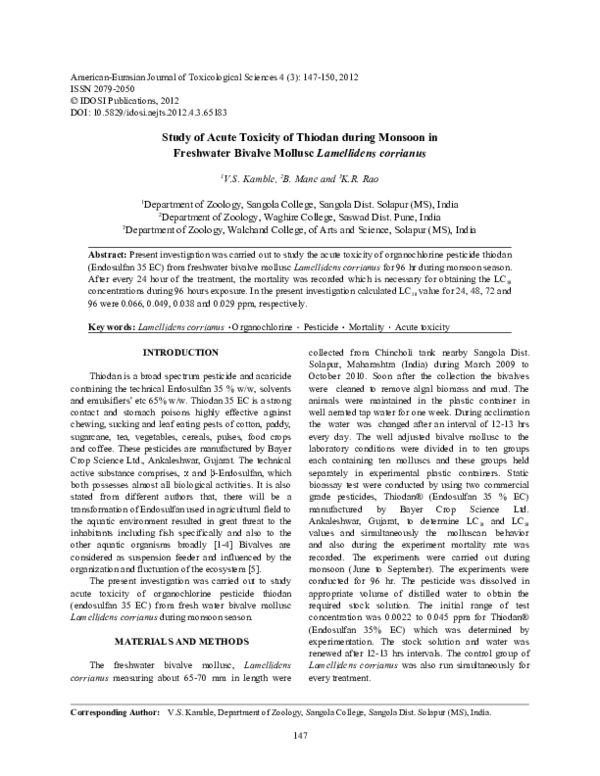 (PDF) Study of Acute Toxicity of Thiodan during Monsoon in Freshwater ...
