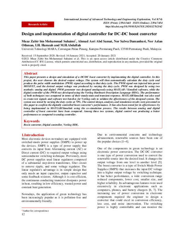 (PDF) Design and implementation of digital controller for DC-DC boost ...