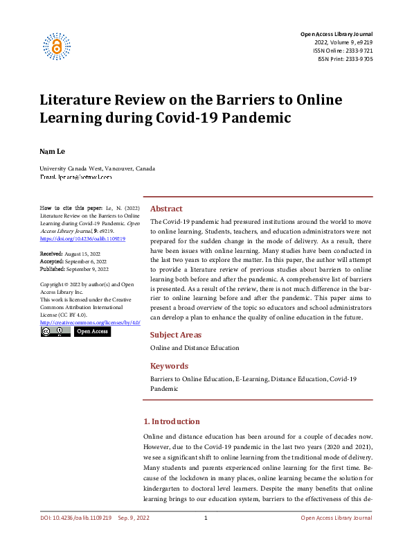 (PDF) Literature Review on the Barriers to Online Learning during Covid ...