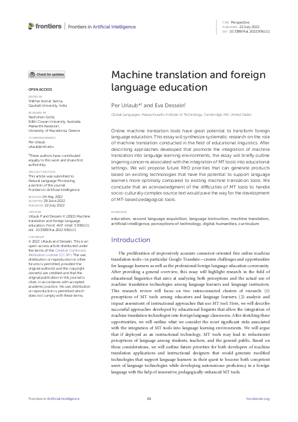 (PDF) Machine translation and foreign language education (With Eva Dessein)