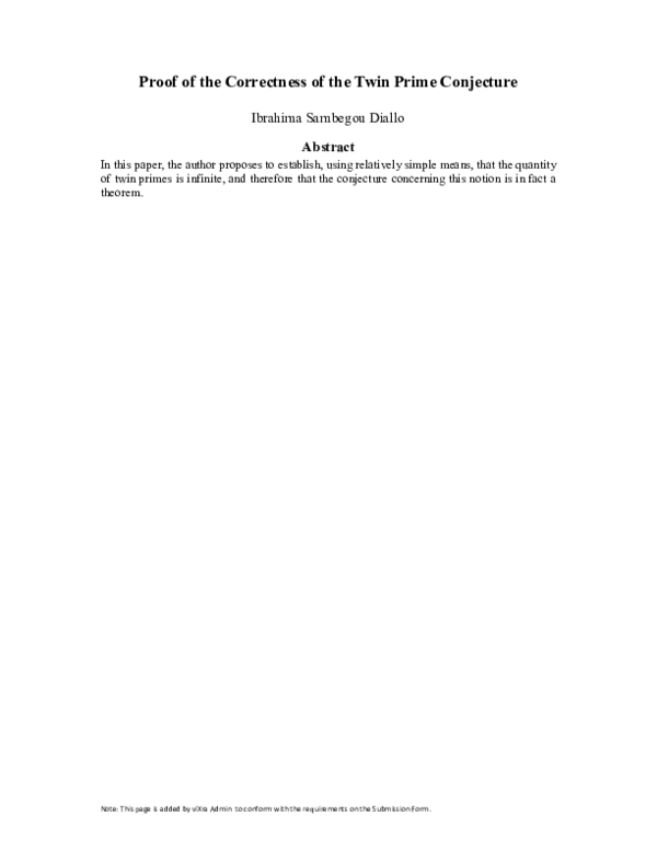 (PDF) Proof of the Correctness of the Twin Prime Conjecture
