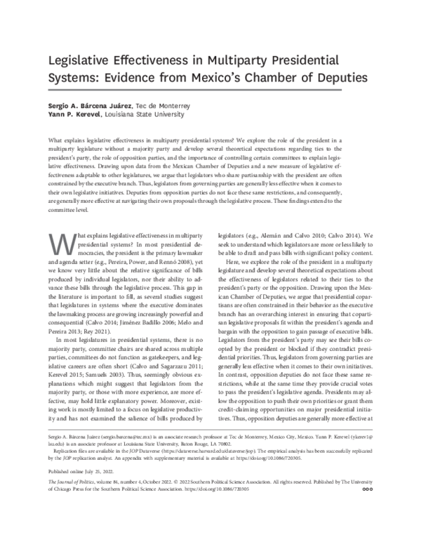 Legislative Effectiveness in Multiparty Presidential Systems: Evidence from Mexico's Chamber of Deputies