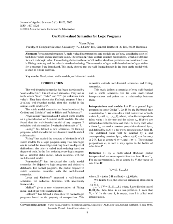 (PDF) On Multi-valued Semantics for Logic Programs