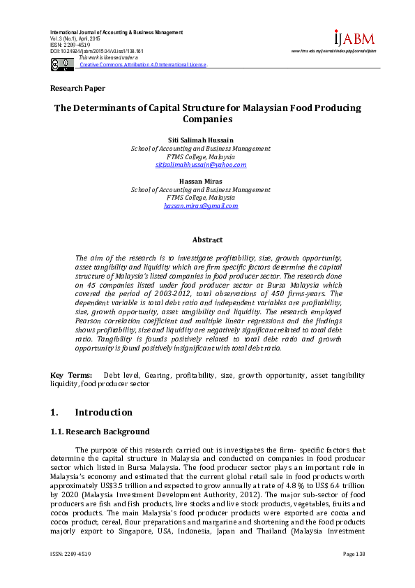 (PDF) The Determinants of Capital Structure for Malaysian Food ...