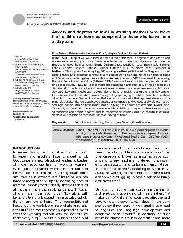 (PDF) Anxiety and depression level in working mothers who leave their ...