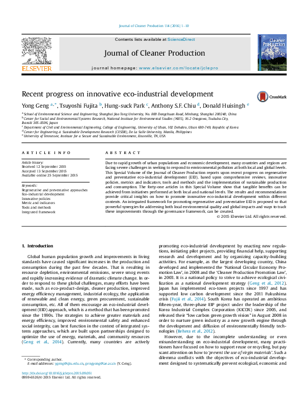 (PDF) Recent progress on innovative eco-industrial development