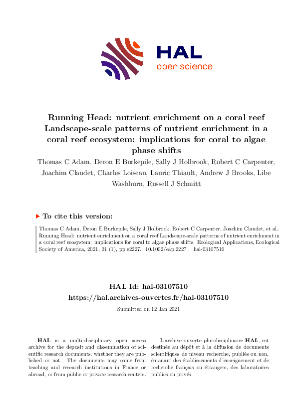 (PDF) Landscape‐scale patterns of nutrient enrichment in a coral reef ...
