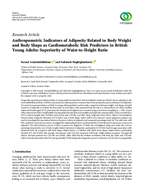 (PDF) Anthropometric Indicators of Adiposity Related to Body Weight and ...