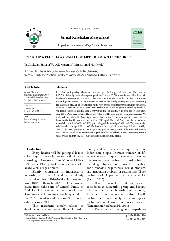 (PDF) Improve the Quality of Life of Elderly Through Family Role