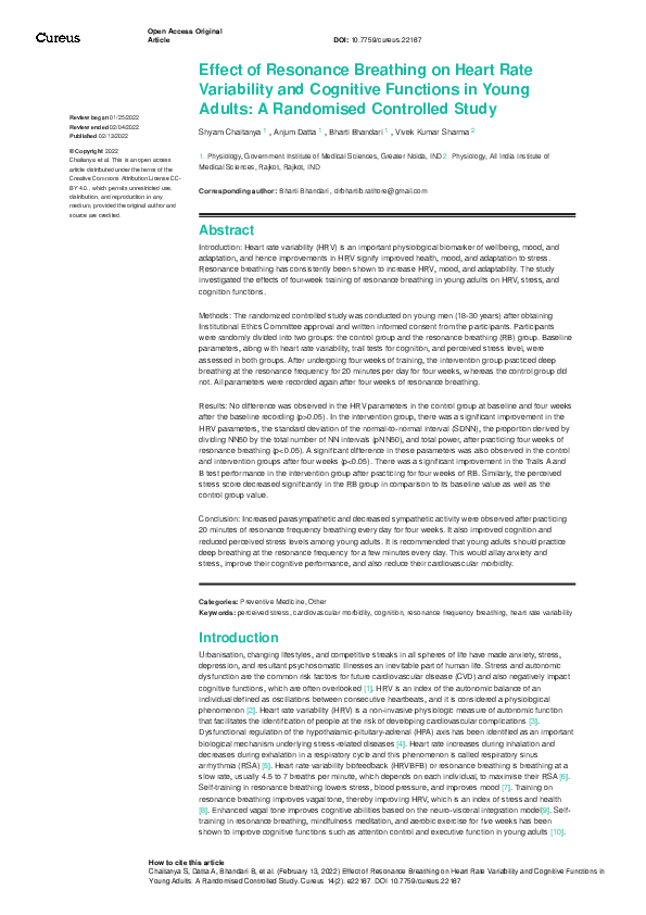 (PDF) Effect of Resonance Breathing on Heart Rate Variability and ...