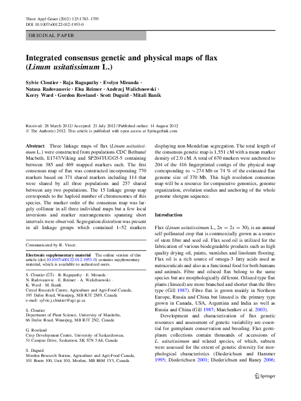 (PDF) Integrated consensus genetic and physical maps of flax (Linum ...