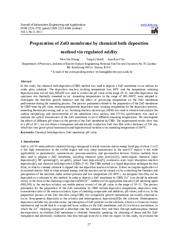 (PDF) Preparation of ZnO membrane by chemical bath deposition method ...