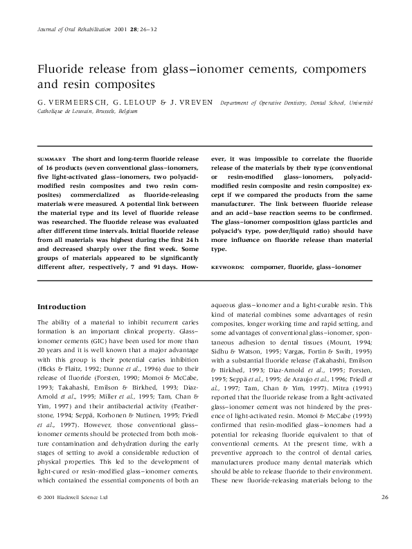 (PDF) Fluoride release from glassionomer cements, compomers and resin