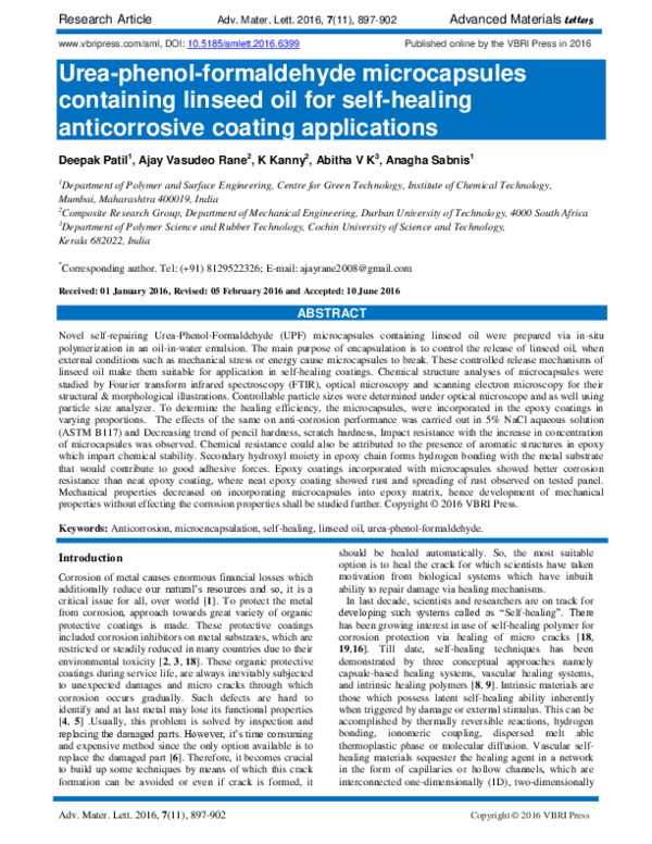 (PDF) Ureaphenolformaldehyde Microcapsules Containing Linseed Oil For