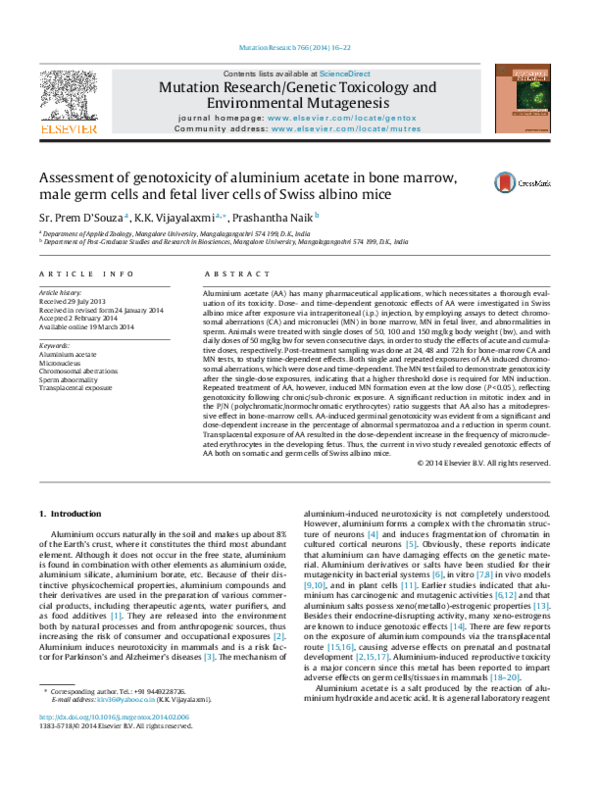(PDF) Assessment of genotoxicity of aluminium acetate in bone marrow, male germ cells and fetal