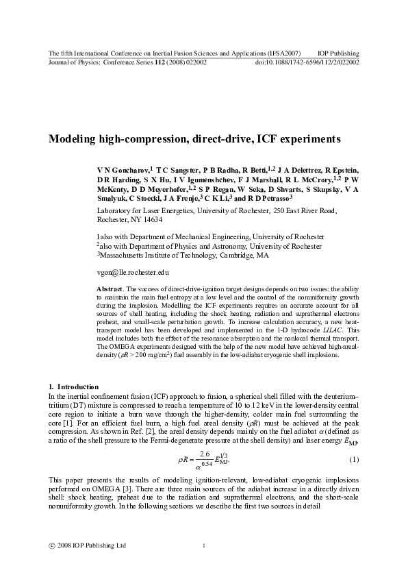 (PDF) Modeling high-compression, direct-drive, ICF experiments